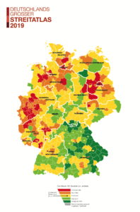 Streitatlas 2019 - Öfter, länger, teurer: Jeder zweite Streit in Deutschland dauert länger als ein Jahr / Streitatlas 2019 (Landkreise). Weiterer Text über ots und www.presseportal.de/nr/108395 / Die Verwendung dieses Bildes ist für redaktionelle Zwecke honorarfrei. Veröffentlichung bitte unter Quellenangabe: "obs/Generali Deutschland AG"